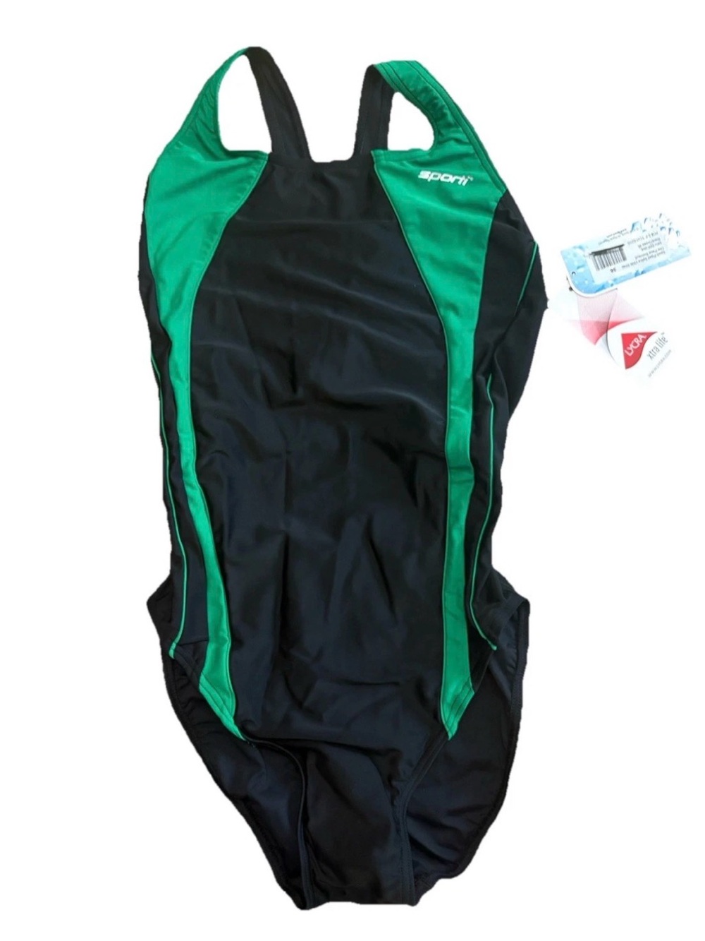 Sporti Piped Splice Wide Strap One Piece Swimsuit Black Green Brand New Size 36